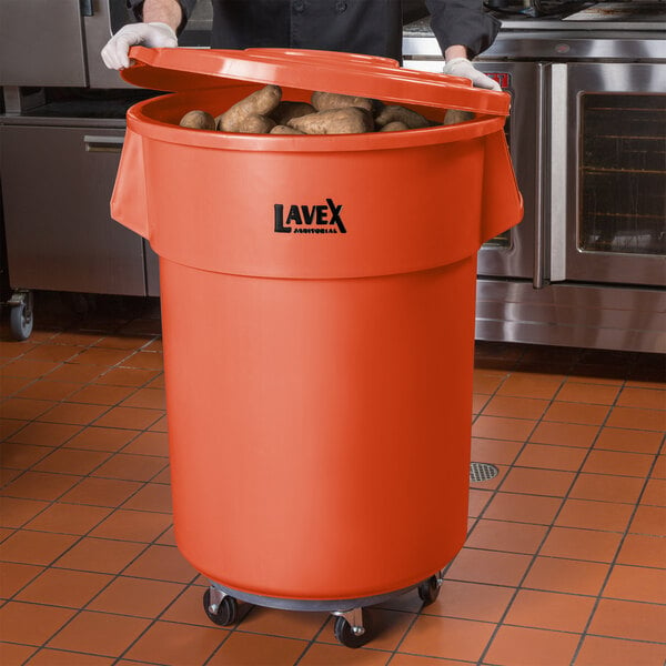 Lavex Janitorial 55 Gallon Orange Round Commercial Trash Can With Lid 