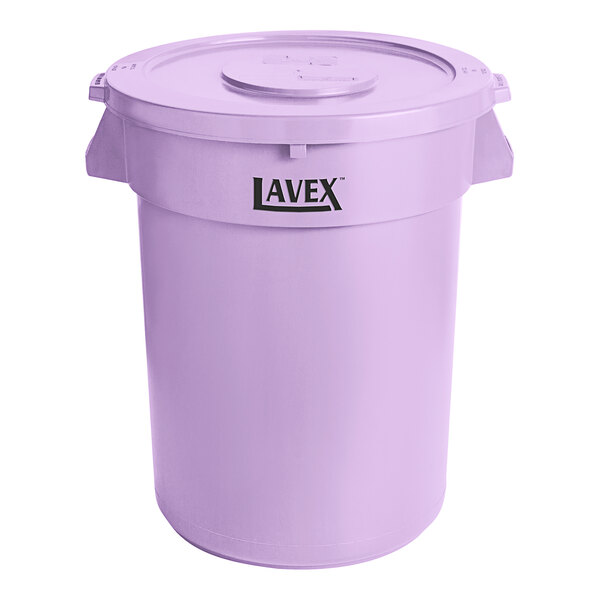 A Lavex purple plastic trash can with a lid.