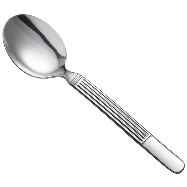 A Oneida stainless steel oval bowl soup/dessert spoon with a handle.