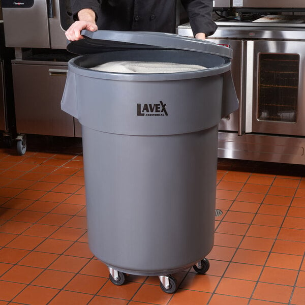 Lavex Janitorial 55 Gallon Gray Round Commercial Trash Can With Lid And