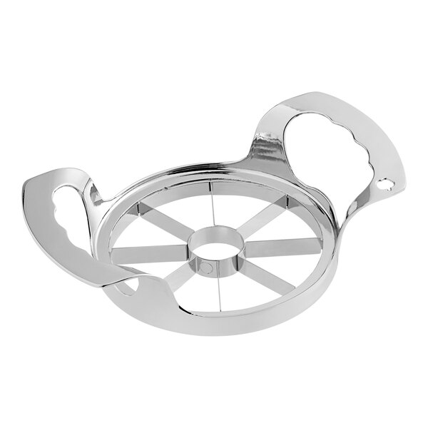 A silver stainless steel circular apple corer with handles.