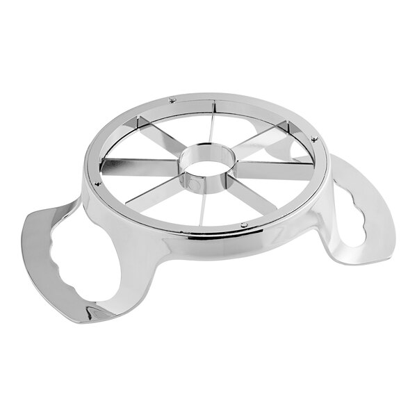A stainless steel circular apple corer/slicer with handles.