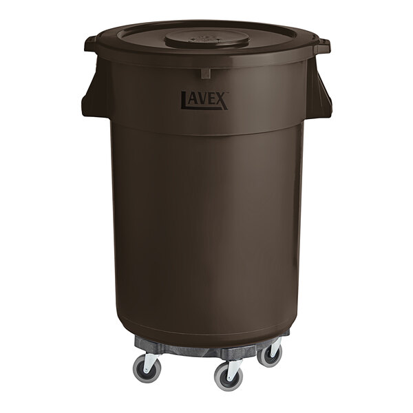 A Lavex brown commercial trash can with dolly and lid.