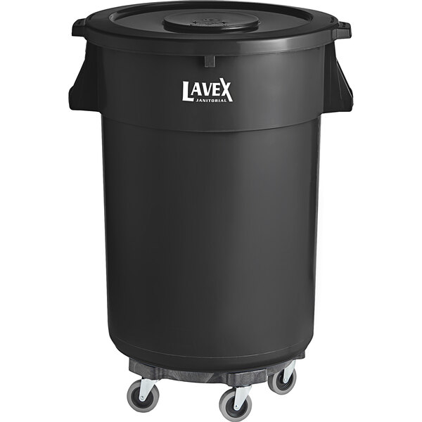 Lavex 44 Gallon Black Round Commercial Trash Can and Lid