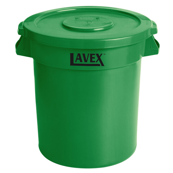 A green plastic Lavex trash can with a lid.