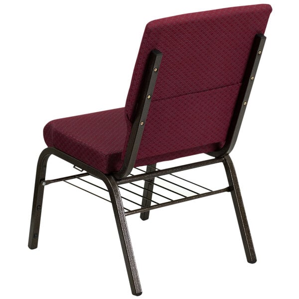 A Flash Furniture burgundy church chair with a gold metal frame.