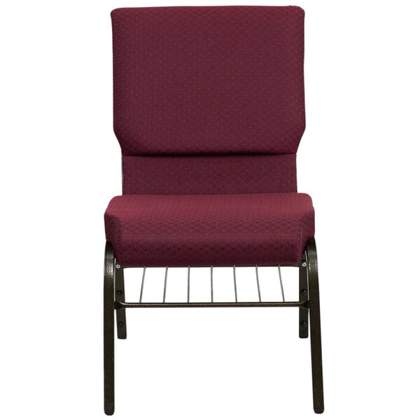A burgundy church chair with a metal frame.