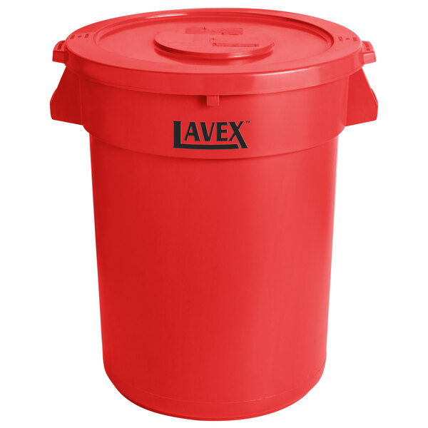 A red Lavex round plastic trash can with a lid.