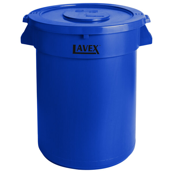 A blue Lavex 32 gallon round commercial trash can with a lid.