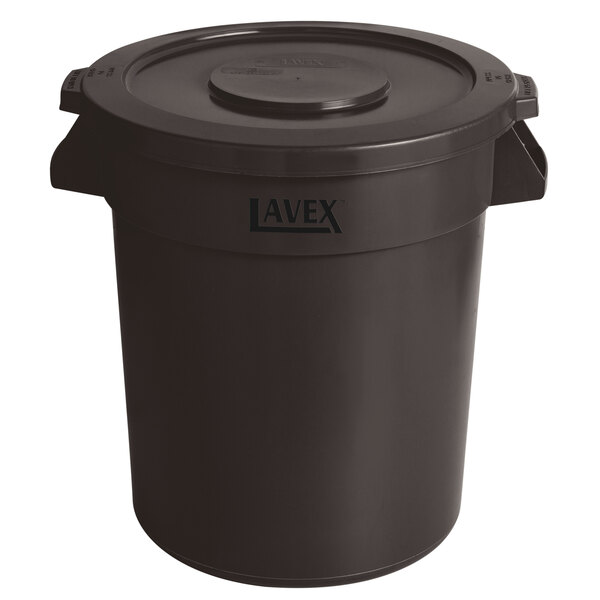 A brown Lavex commercial trash can with a lid.