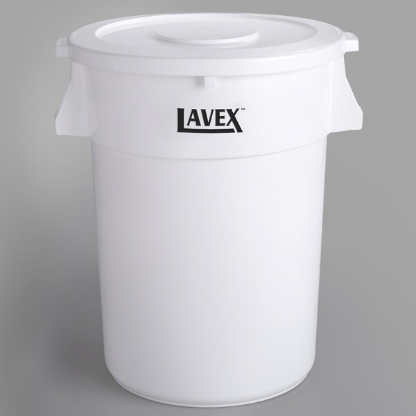 A white plastic Lavex commercial trash can with a lid.