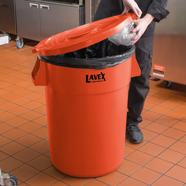 Lavex Janitorial 44 Gallon Orange Round Commercial Trash Can and Lid