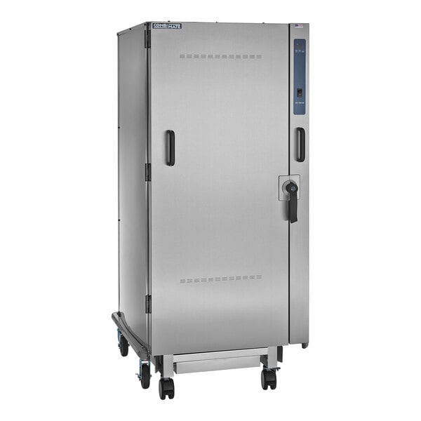 A stainless steel mobile heated roll-in holding cabinet with a front door and control panel, designed for commercial kitchen use.