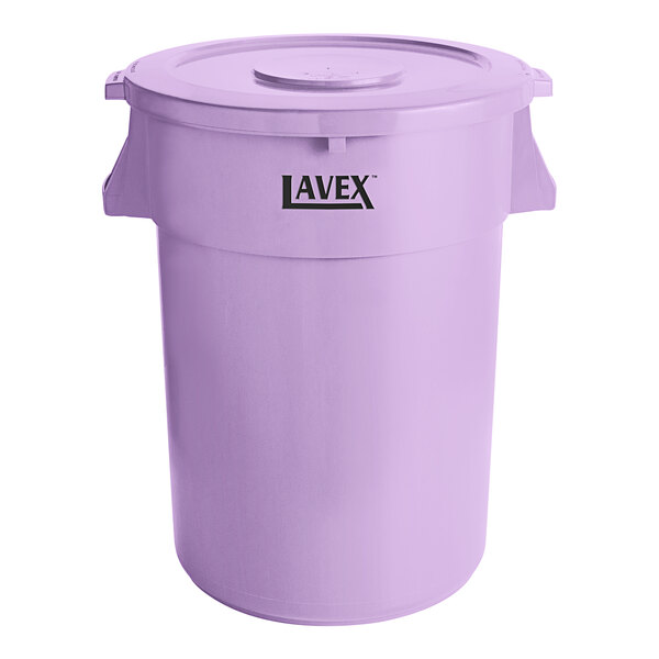 A purple Lavex 44 gallon plastic trash can with lid.
