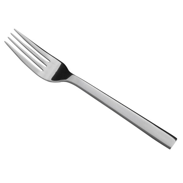A close-up of a Oneida stainless steel dinner fork with a mirrored finish.