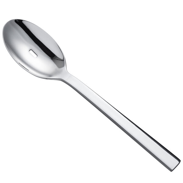 A Oneida stainless steel slotted serving spoon with a silver handle.