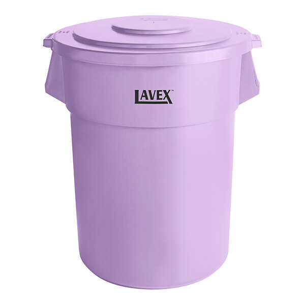 A purple Lavex plastic trash can and lid.
