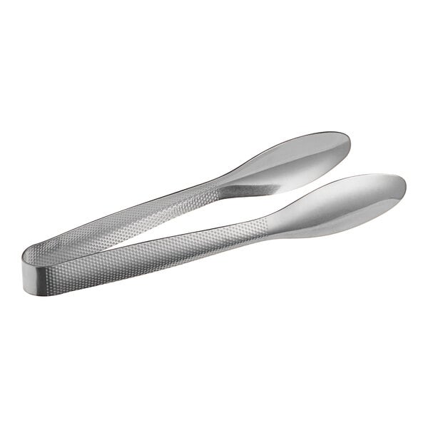 A pair of American Metalcraft stainless steel tongs with a hammered finish.