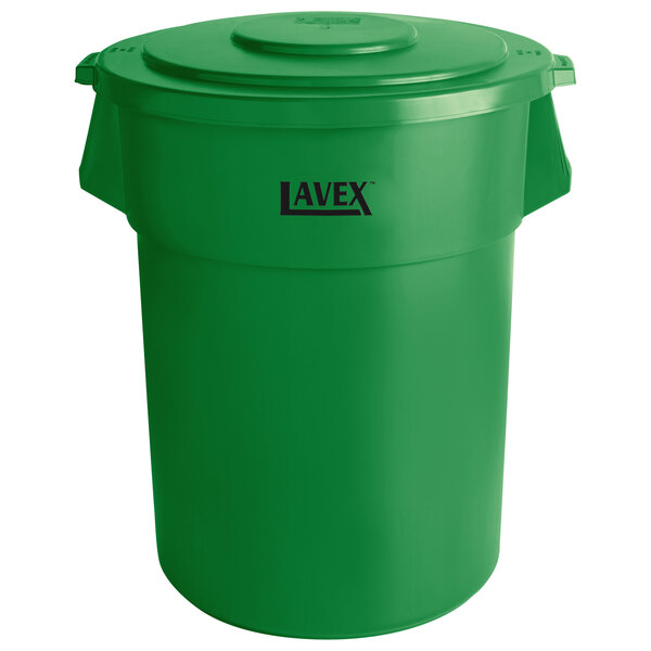 A green plastic Lavex trash can with a lid.