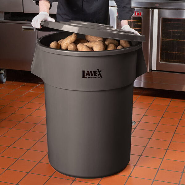 Lavex Janitorial 55 Gallon Brown Round Commercial Trash Can and Lid