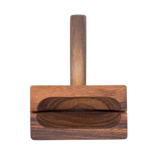 A Fox Run bagel slicer with a wooden handle.