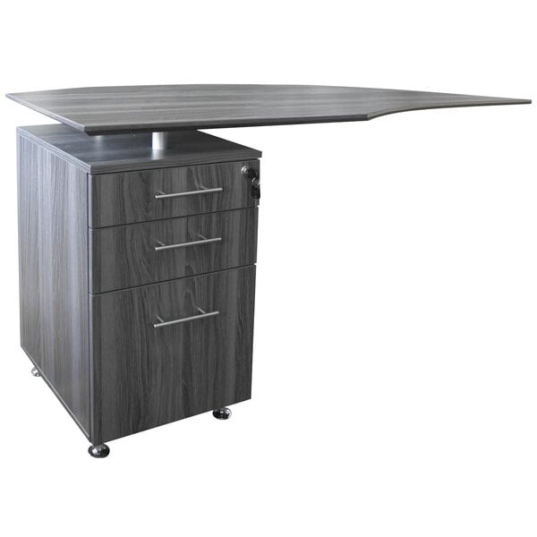 A gray steel laminate curved left return desk top.