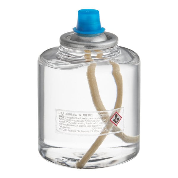 A clear liquid candle fuel cartridge with a blue cap and visible wick, intended for commercial use.