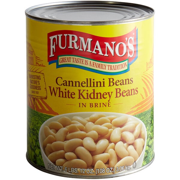 A #10 can of Furmano's white kidney beans with a yellow label.
