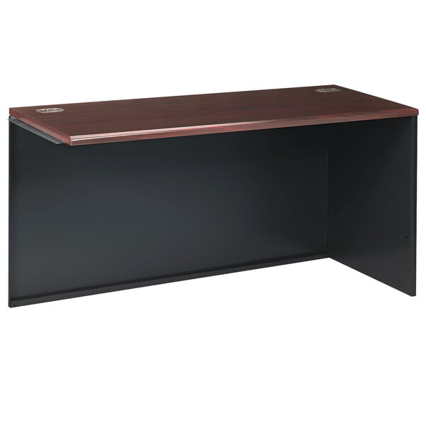 A rectangular mahogany and charcoal desk top with a black base.