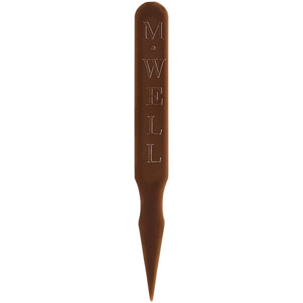 A brown plastic Royal Paper steak marker with the word "well" written in white.