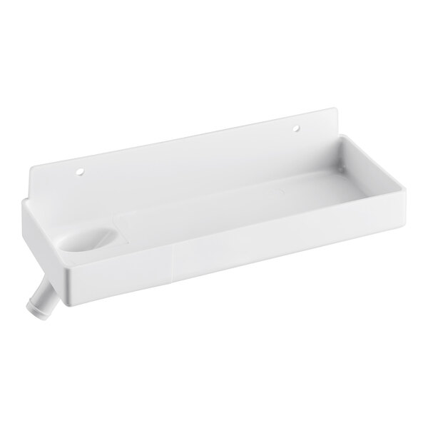 An Avantco white plastic rectangular drain pan with a handle.