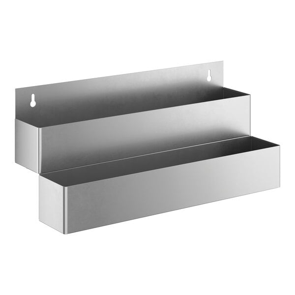 A 22-inch stainless steel double tier speed rail for bar or kitchen organization.
