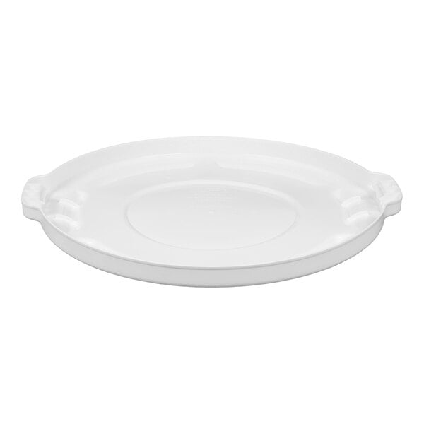 A white plastic lid for a Rubbermaid BRUTE trash can with handles.