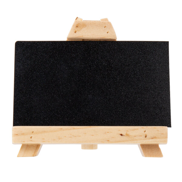 A black board on a wooden stand.