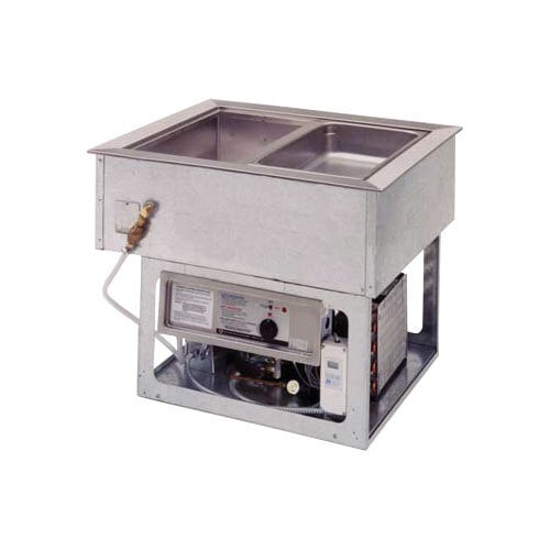 A Wells drop-in cold/hot dual temp well with 3 pans over a stainless steel counter with two sinks.