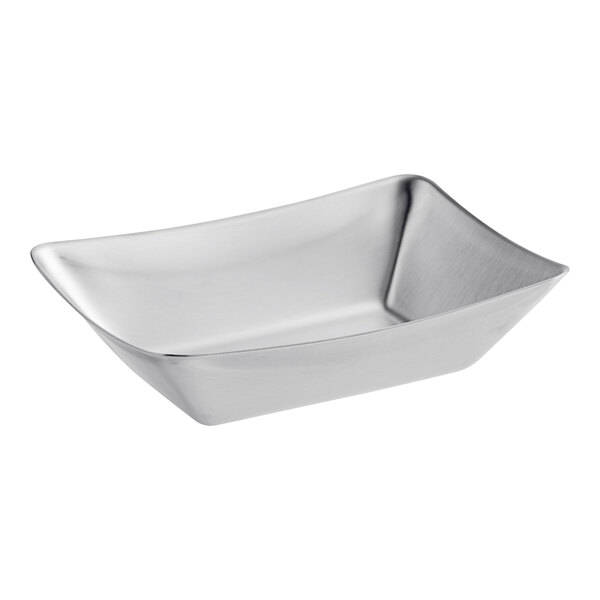 A silver rectangular stainless steel Tablecraft serving basket with a curved edge.