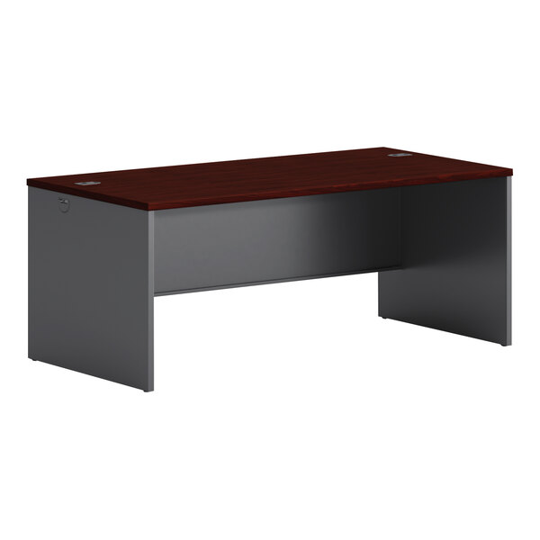 A mahogany and charcoal laminate HON desk shell.