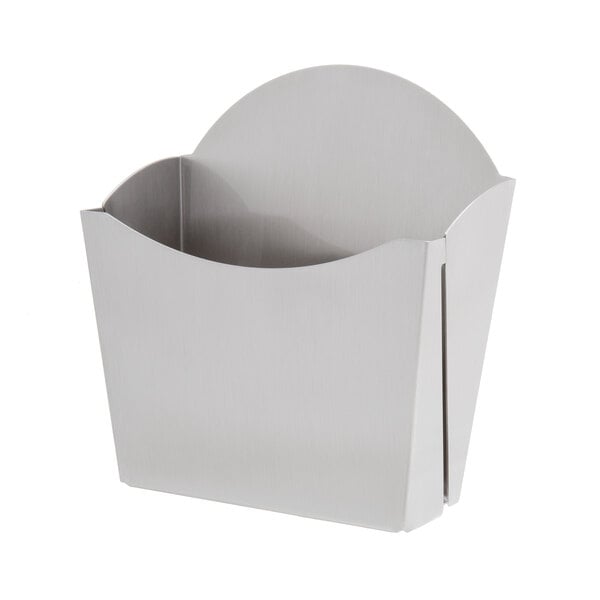 A Tablecraft stainless steel fry cup with a curved top and circular cut out.