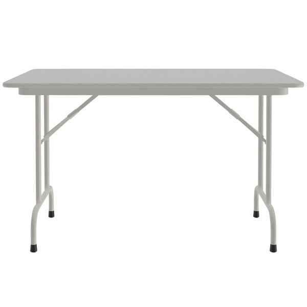 A gray rectangular Correll folding table with a gray metal frame.