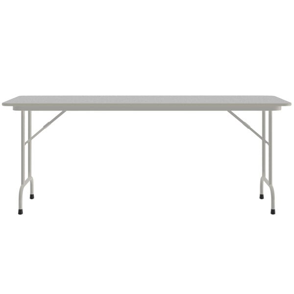 A Correll rectangular gray granite folding table with a gray metal frame.