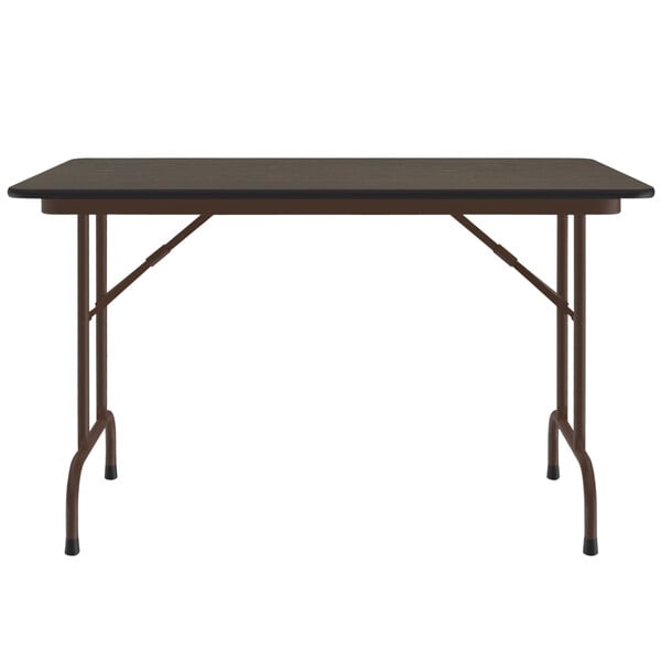 A rectangular Correll walnut folding table with a metal frame and metal legs.