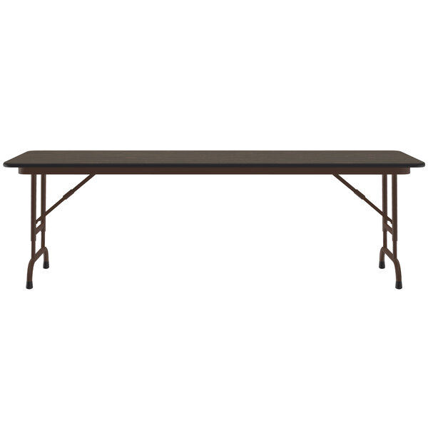 A walnut Correll folding table with a brown metal frame.