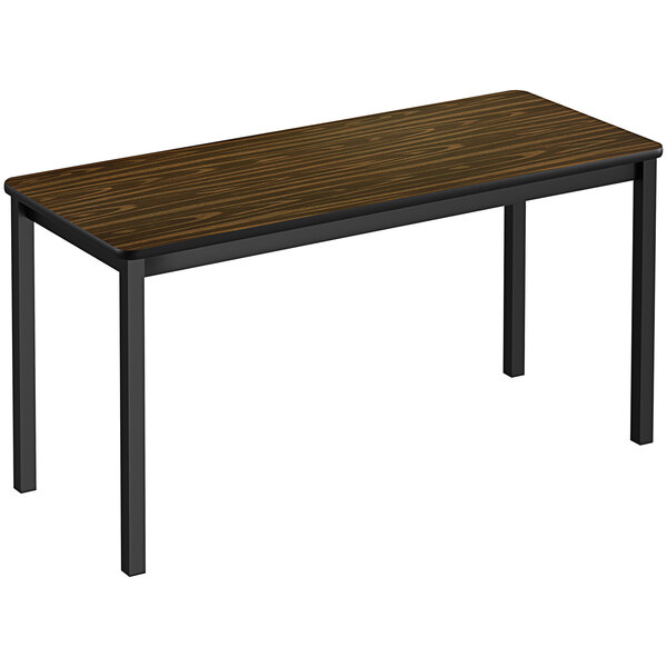 A Correll lab table with black legs and a walnut top.