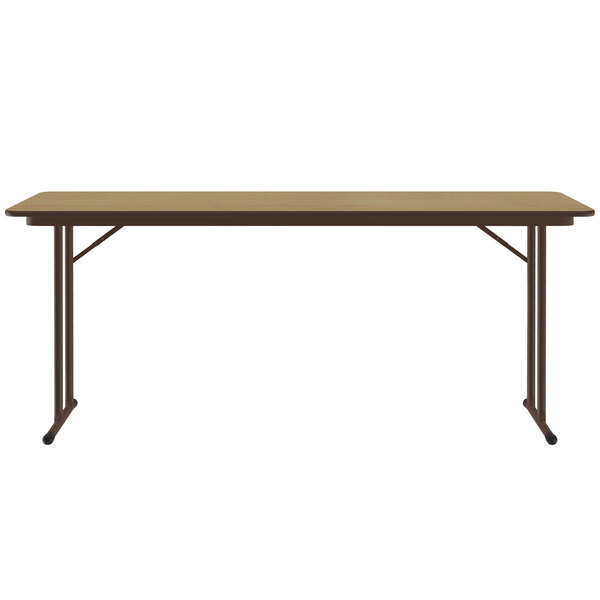 A rectangular Correll Fusion Maple seminar table with off-set metal legs.