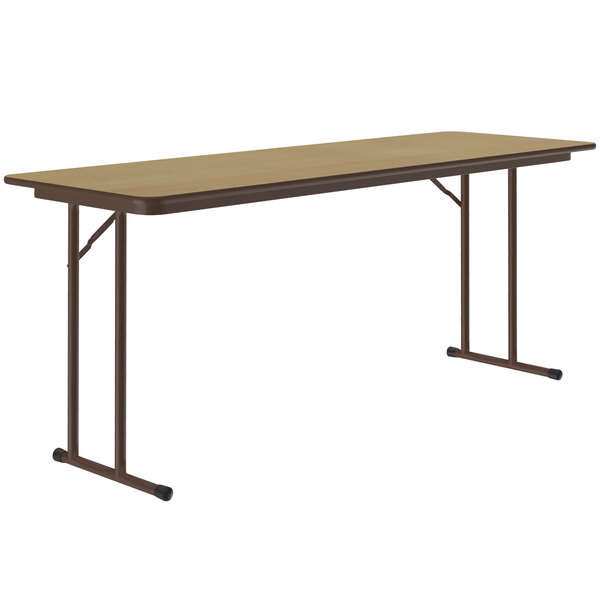 A brown rectangular Correll seminar table with metal legs.