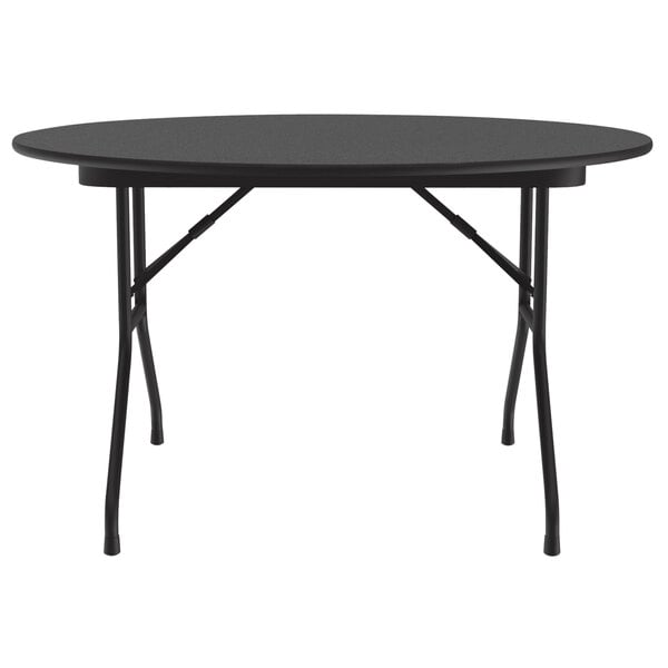 A black Correll round folding table with metal legs.