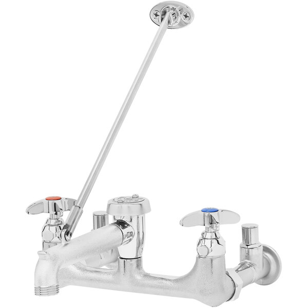 a silver faucet with a blue knob