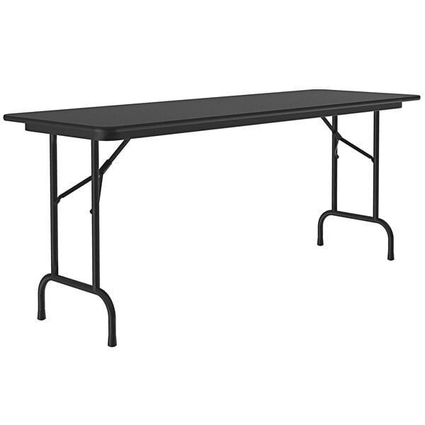 A black rectangular Correll folding table with metal legs.