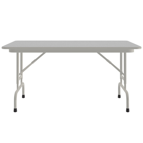 A white rectangular table with gray legs and black accents.