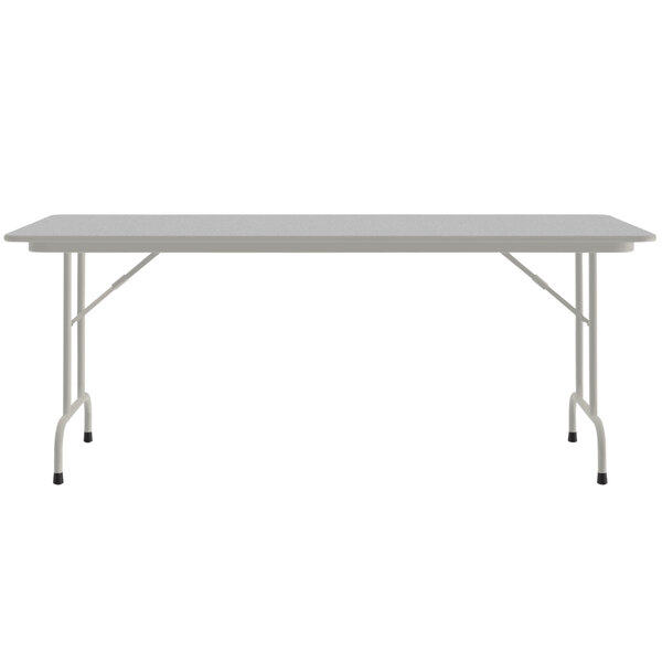 A rectangular gray granite Correll folding table with a gray metal frame.